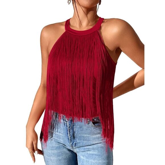 Tops - Vrtige  Casual Fringe Trim Halter Neck Tassel Fitted Sleeveless Cami Tank Small